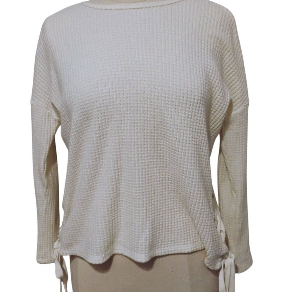 Z Supply Top Women's Thermal Waffle Knit Boho Laced Side Ties Oversized Cozy XS - Picture 2 of 13